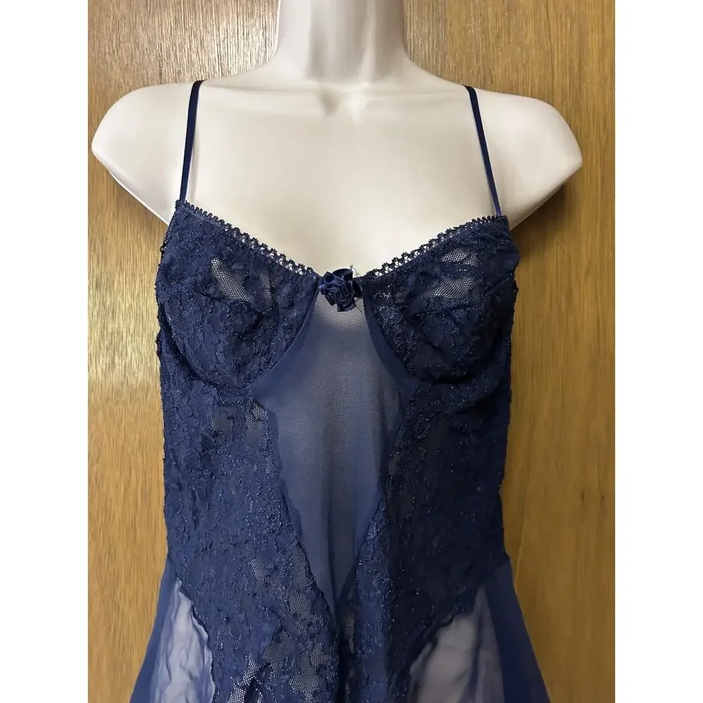 Vintage The Pleasure Company sz 1X Lingerie Teddy Bodysuit Lace Sheer NAVY E25